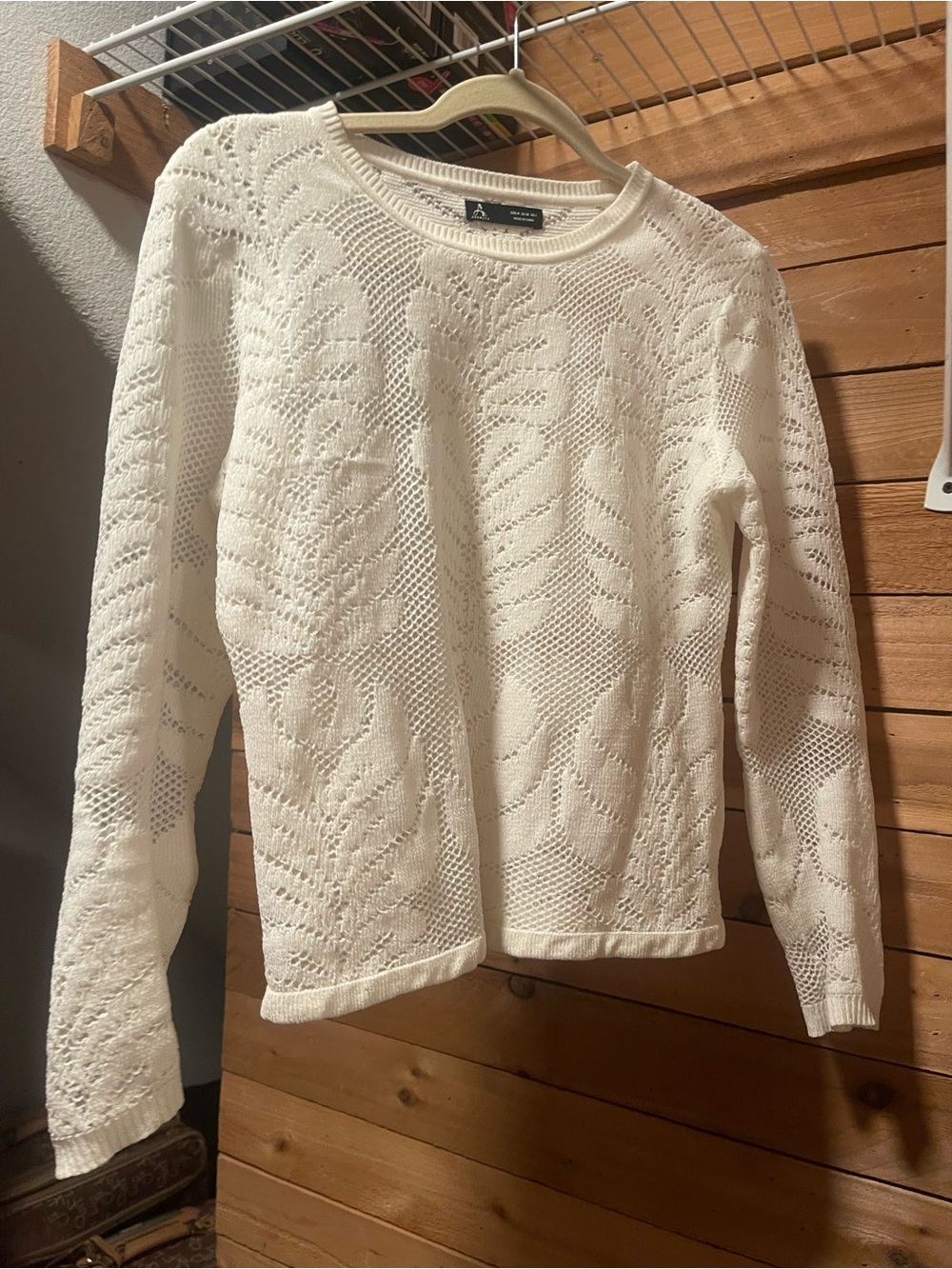 Open-Weave Cream Crewneck Sweater